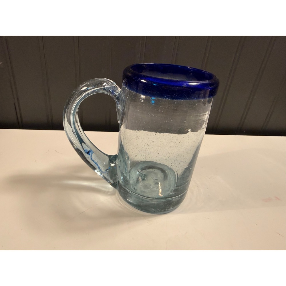Mexican Hand Blown Bubble Glass Beer Mug Cobalt Blue Rim 5.5 Inch